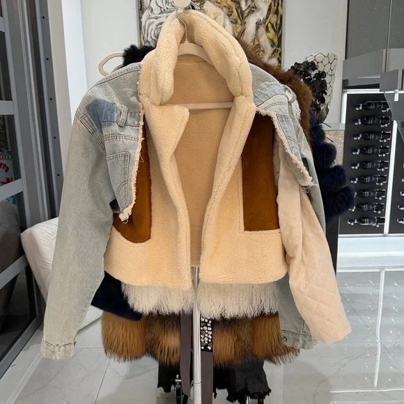 Cream Sherpa-Lined Denim Jacket with Brown Suede Accents - Picture 1 of 5